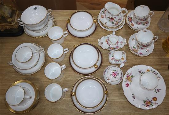 A group of Crown Derby posies, porcelain Worcester Davenham coffee cups / saucers and Spode soup bowls and saucers